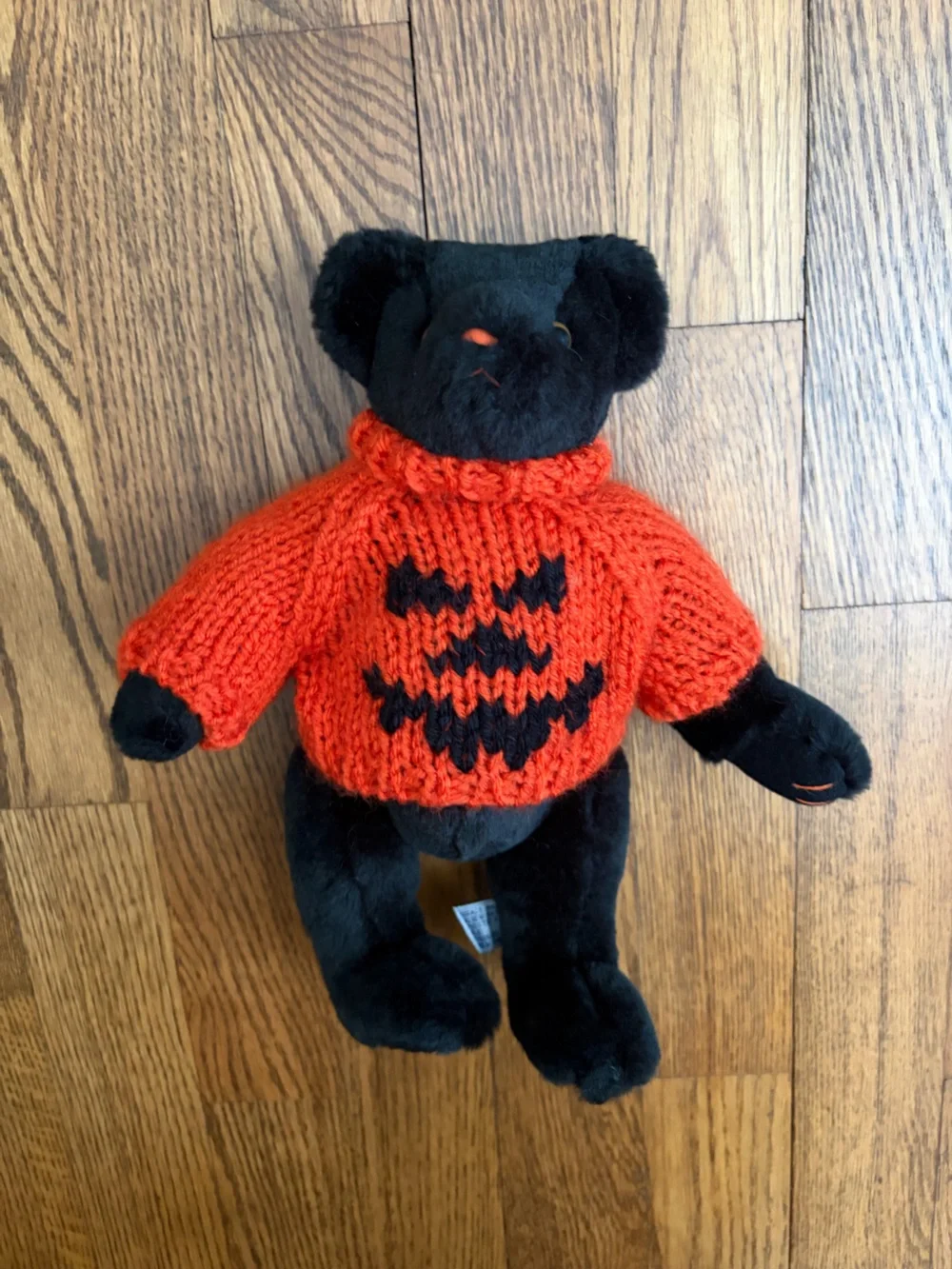 Vintage A&A Halloween Black Stuffed Animal Bear Orange Sweater Toy Decor
